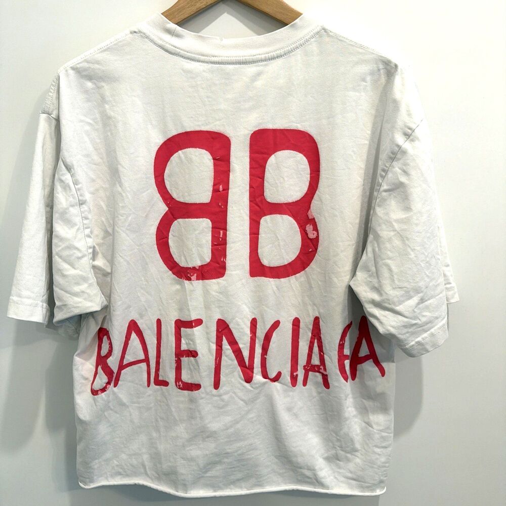 BALENCIAGA Sz S Cropped T-Shirt Fair Heavily Worn Streetwear Stain Damaged Logo